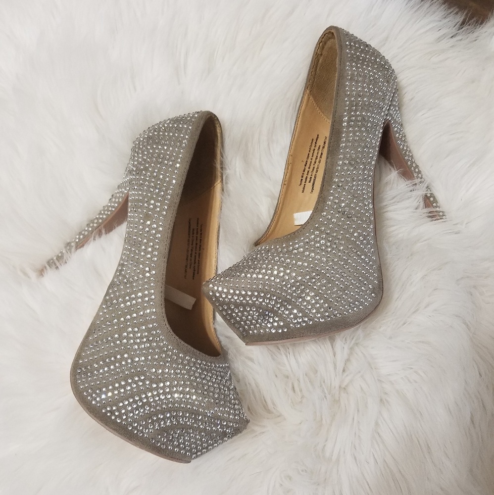 Grey nude platform rhinestone heels